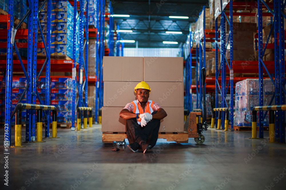 Bankruptcy or Depressed Industrial African American workers in warehouse factory. import export shipping logistics industrial transportation concept