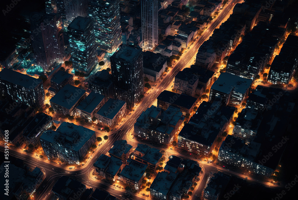 a nighttime aerial picture of the commercial district. Generative AI