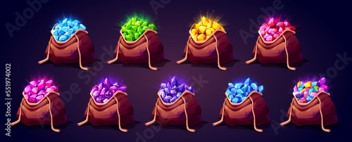 Gem stones in sacks game props icons bundle. Colorful crystals in bags, treasure, trophy, pirate loot, level reward. Fantasy assets, gui elements, mine resources, Cartoon vector illustration, set