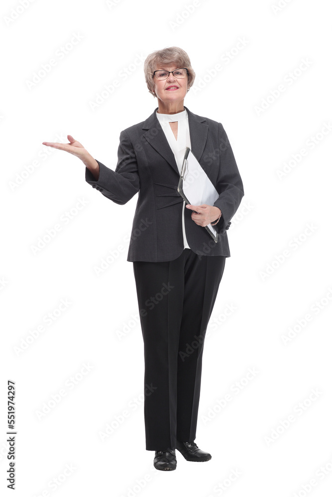 Front view of businesswoman with clipboard and finger point up Front view of businesswoman with clipboard and finger point up