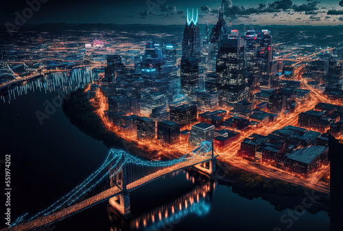 Broadway section of Nashville, Tennessee, as seen from above the Cumberland River during the city's lit nighttime skyline. Concept of blockchain cryptocurrency and hologram. Generative AI