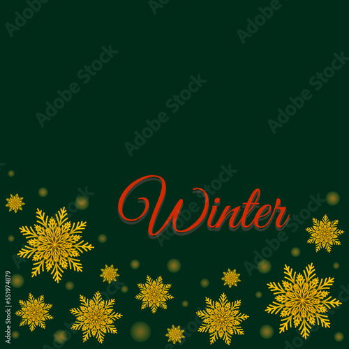 Winter background with golden snowflakes and glowing dots. Vector modern design of holidays banner. Celebrations greeting card