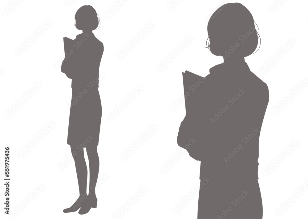 ファイルを持って立つビジネスウーマン女性のシルエットセット 全身と上半身のイラスト ファイルを持って立つビジネスウーマン女性のシルエットセット 全身と上半身のイラスト