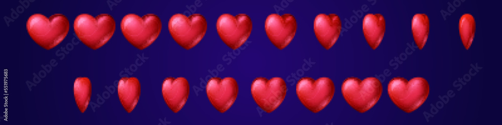 Red heart turn around game animation, sequence frame, sprite sheet. Cartoon vector love emoji icon animated rotation, gui asset or life health bonus. Glossy heart front and angle spritesheet motion