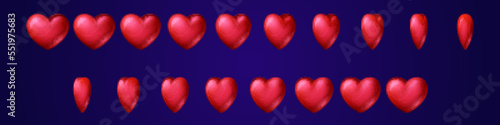 Red heart turn around game animation, sequence frame, sprite sheet. Cartoon vector love emoji icon animated rotation, gui asset or life health bonus. Glossy heart front and angle spritesheet motion