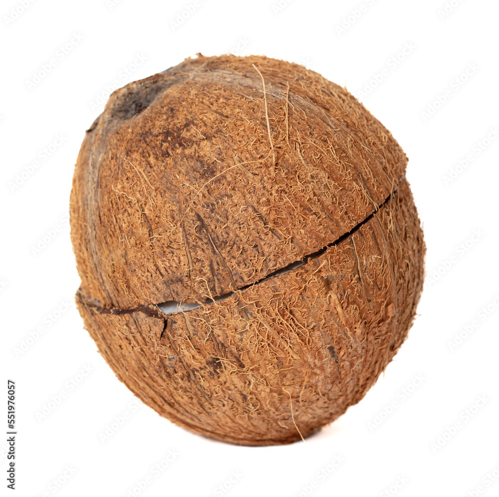 Fototapeta premium Cracked coconut nut isolated on white background.