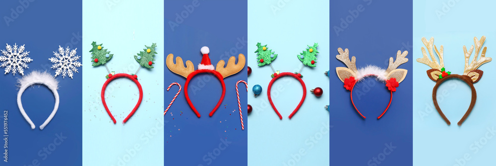 Collection of stylish Christmas headbands on blue background Collection of stylish Christmas headbands on blue background