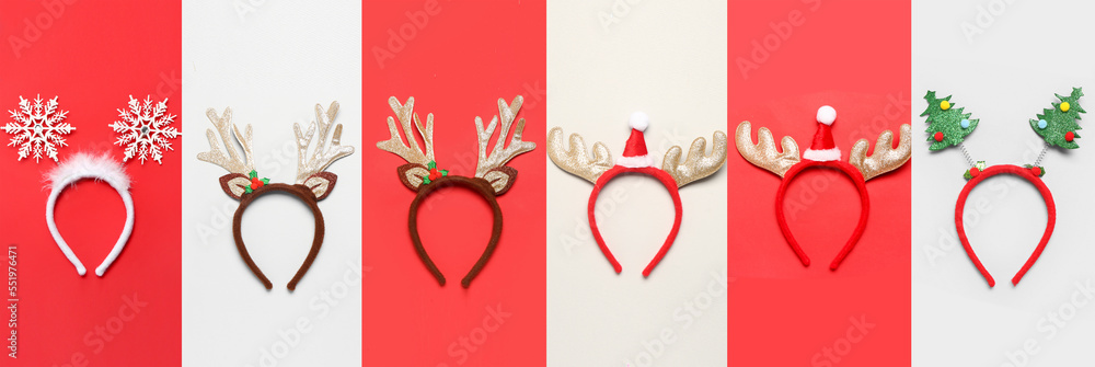 Collection of stylish Christmas headbands on light and red backgrounds Collection of stylish Christmas headbands on light and red backgrounds