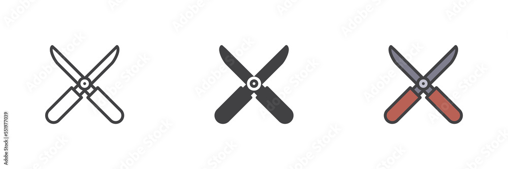 Garden scissors different style icon set Garden scissors different style icon set