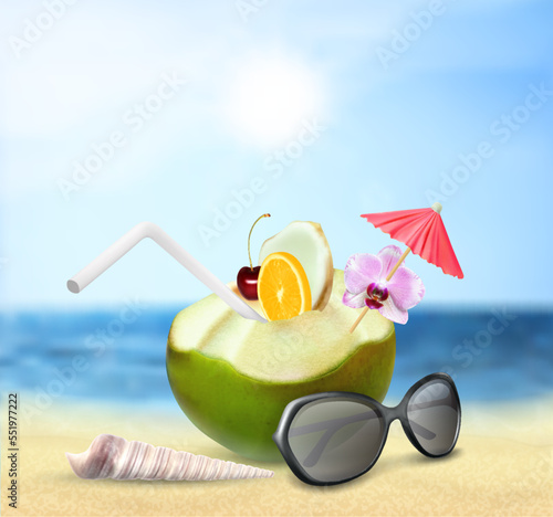 Green coconut cocktail with sunglasses