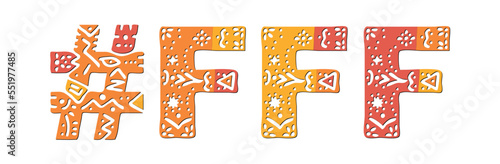 FFF Hashtag. Isolated text with national ethnic ornament. Patterned Popular Hashtag #FFF for social network, web resources, mobile app, games, clothing, t-shirt, banner, adv. Stock vector image