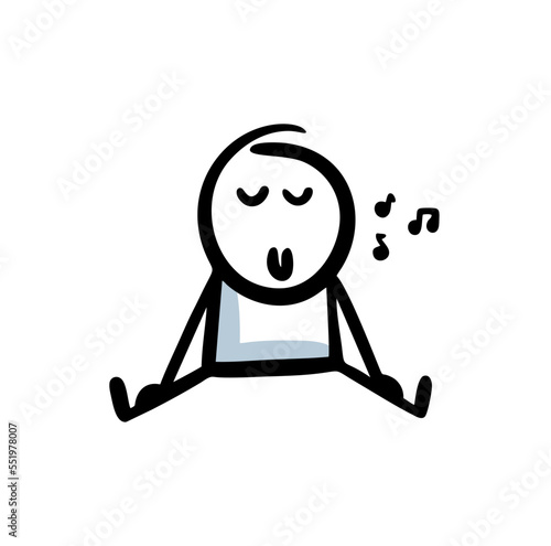 A funny young man is sitting in a relaxed yoga pose and listening to pleasant music.