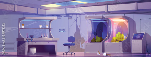 Abandoned scientific laboratory with broken scientific equipment and cobweb on walls. Cartoon vector illustration of old lab with damaged plant breeding containers and error message on computer screen