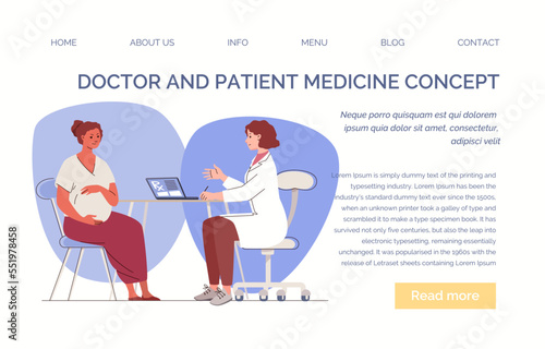 Female doctor takes pregnant patient in clinic. Happy woman consults gynecologist. Concept of prenatal care and gynecology. Website, template, landing page. Vector characters flat cartoon illustration