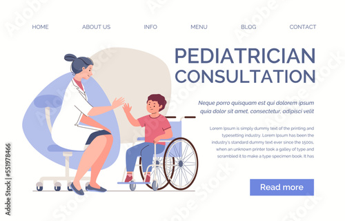 Medical care, rehabilitation and psychological support for disabled. Doctor or nurse smile and give five to patient, boy in wheelchair. Vector character flat cartoon illustration Landing page template