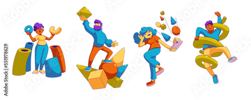 Set of male, female characters with abstract geometric figures isolated on white background. Contemporary vector illustration of casual young men, women receiving spam, searching solutions to problems