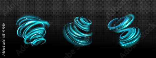 Abstract blue swirls png set isolated on transparent. Realistic vector illustration of sparkling magic effect, spiral tornado wind, fresh air vortex, glowing neon light trail with shimmering particles