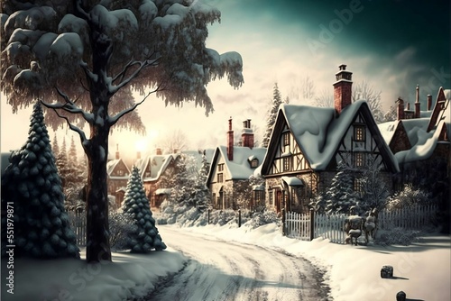 Snowy Christmas Village, Festive Winter Holiday Town, Landscape Christmas Card - 3D Illustration