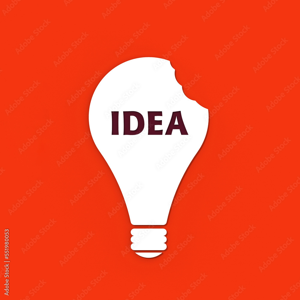 a white bitten light bulb with the inscription idea on a red background. teeth marks stealing an idea. plagiarism. copying other people's works. Square image. 3D image. 3D rendering. a white bitten light bulb with the inscription idea on a red background. teeth marks stealing an idea. plagiarism. copying other people's works. Square image. 3D image. 3D rendering.