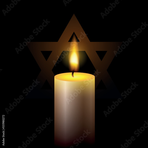 International holocaust remembrance day. One burning candle and stars of david on black background. EPS10 vector.
