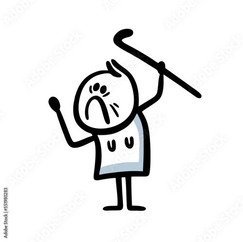 A disgruntled old woman with wrinkles waves a stick and scolds.