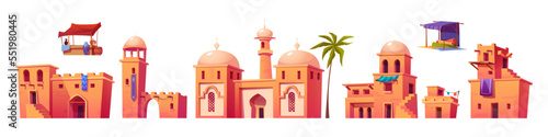 Ancient arab city isolated set, arabic buildings, architecture, dwellings, market stalls, stone houses with domes, stairs, arched windows and doors on white background Cartoon vector illustration