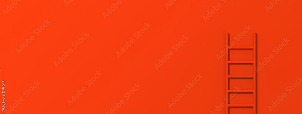 red staircase on red background. Staircase stands vertically near wall. Way to success concept. Horizontal image. Banner for insertion into site. 3d image. 3D rendering.