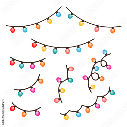 A set of different-shaped festive garlands with light bulbs. Festive, Christmas decoration. Illumination for the interior.Flat style illustration isolated on transparent background