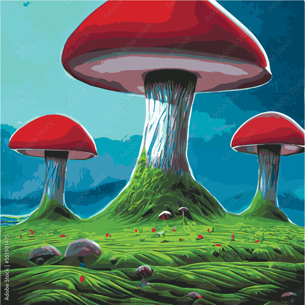 Surreal rowing landscape vector illustration. Enchanted forest with ...