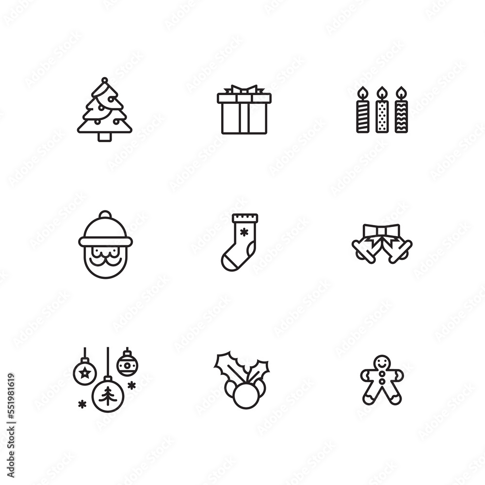 Naklejka premium Chirstmas tree santaclause bell cookie candle mistletoe socks present illustration Icon