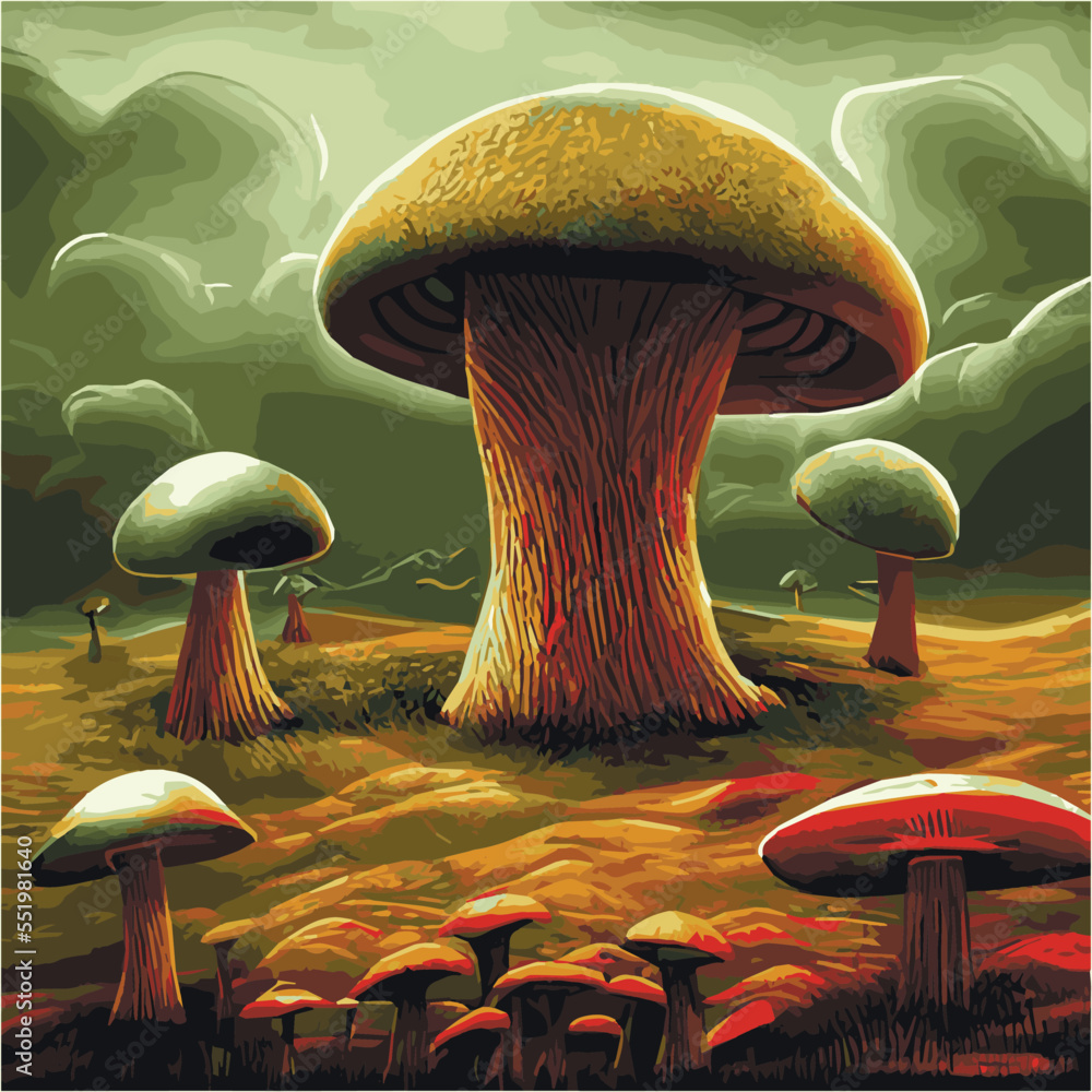 Surreal rowing landscape vector illustration. Enchanted forest with ...