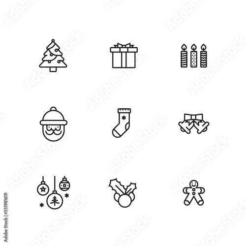 Chirstmas tree santaclause bell cookie candle mistletoe socks present illustration Icon