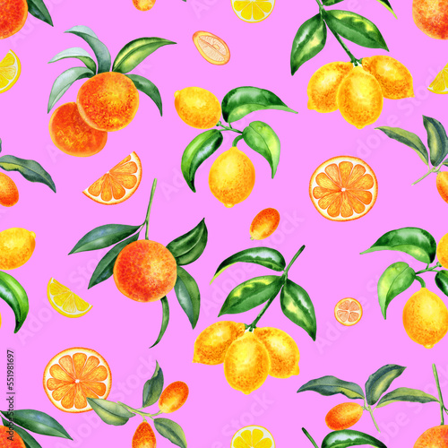 Citrus fruits watercolor seamless pattern. Hand drawn lemons  oranges and kumquats on an isolated background. Endless ornament for fabric and wallpaper. Tropical summer print.