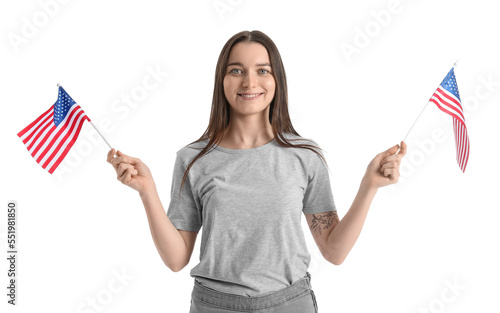 Young woman holding USA fla...