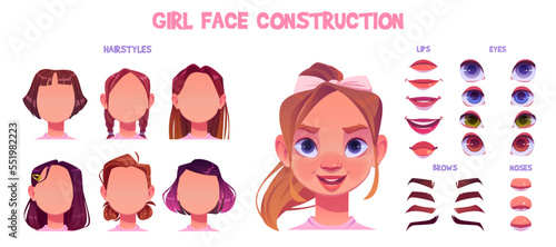 Woman face constructor, avatar of caucasian female character creation heads, hairstyle, nose, eyes with eyebrows and lips. Facial construction elements isolated on white background, cartoon vector set