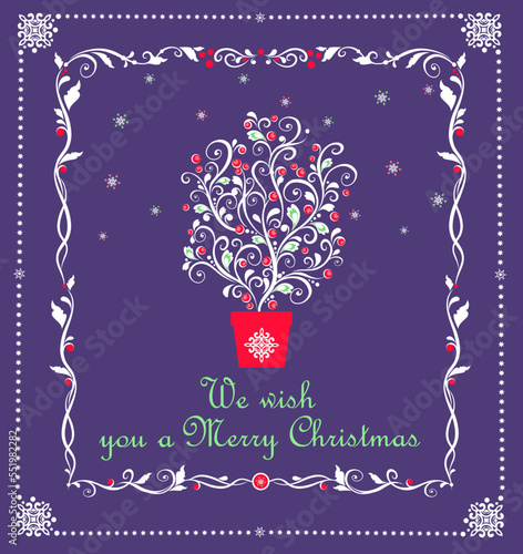 Christmas craft violet greeting card with magic decorative tree with red berries and holly