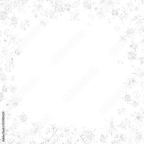 isolated white silver snowflakes frame overlay on a transparent background