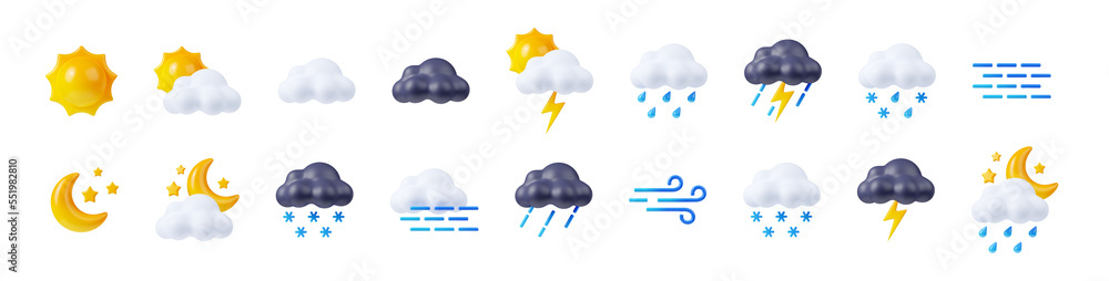3d render weather icons set, sun shining, clouds, lightnings and snow or rain forecast elements for web design. Cartoon illustration in plastic minimal style, isolated objects on white background - obrazy, fototapety, plakaty 