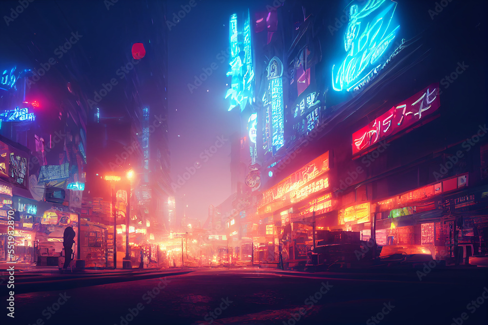 Fantasy Japanese night view city citycape, neon light, residential skyscraper buildings Fantasy Japanese night view city citycape, neon light, residential skyscraper buildings