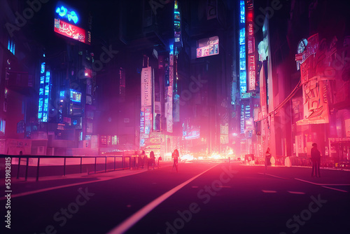 Fantasy Japanese night view city citycape, neon light, residential skyscraper buildings