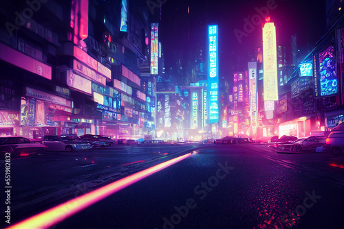 Fantasy Japanese night view city citycape, neon light, residential skyscraper buildings