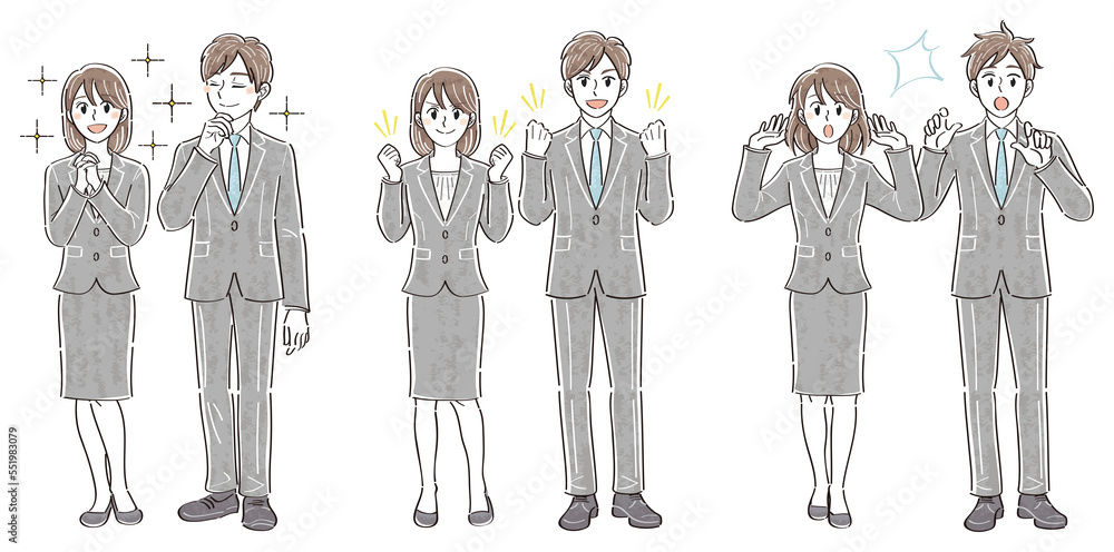 ビジネススーツの男女　表情ポーズの全身イラストセット（憧れ　ガッツポーズ　驚き）