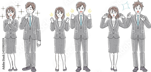 ビジネススーツの男女　表情ポーズの全身イラストセット（憧れ　ガッツポーズ　驚き）