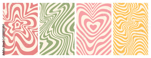 Groovy hippie 70s backgrounds. Waves, swirl, twirl pattern with heart, daisy, flower. Twisted and distorted vector texture in trendy retro psychedelic style. Y2k aesthetic. #551983084