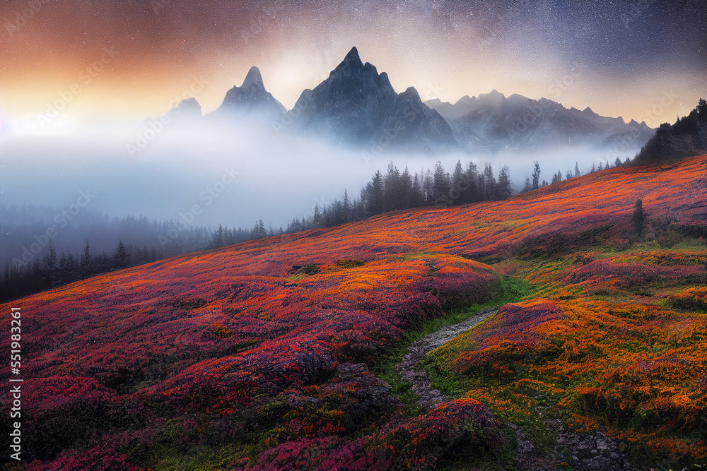 fantastic wonderland landscape with   above mountains in fog at night in autumn. Landscape with alpine mountain