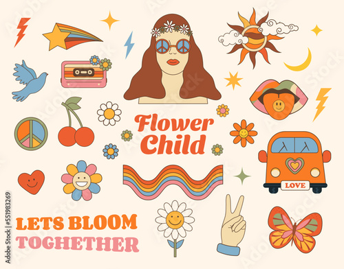 Hippie Girl, daisy flowers, love, sunshine, lips, butterfly, bus etc. Groovy hippie 70s set of elements. Sticker pack in retro cartoon style. Flower power symbols. Vector clipart
