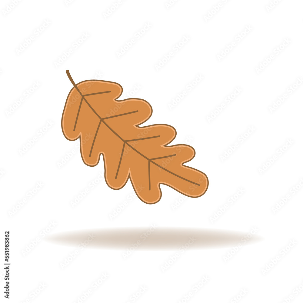 Brown oaken leaf with grey shadow. Autumnal icon. Vector illustration