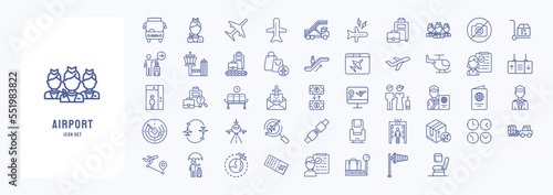 Airport and travel, including icons like Air hostess, aircraft, baggage, Duty free, passenger and more. vector illustrations