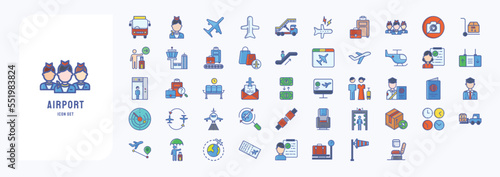 Airport and travel, including icons like Air hostess, aircraft, baggage, Duty free, passenger and more. vector illustrations