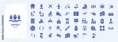Airport and travel, including icons like Air hostess, aircraft, baggage, Duty free, passenger and more. vector illustrations